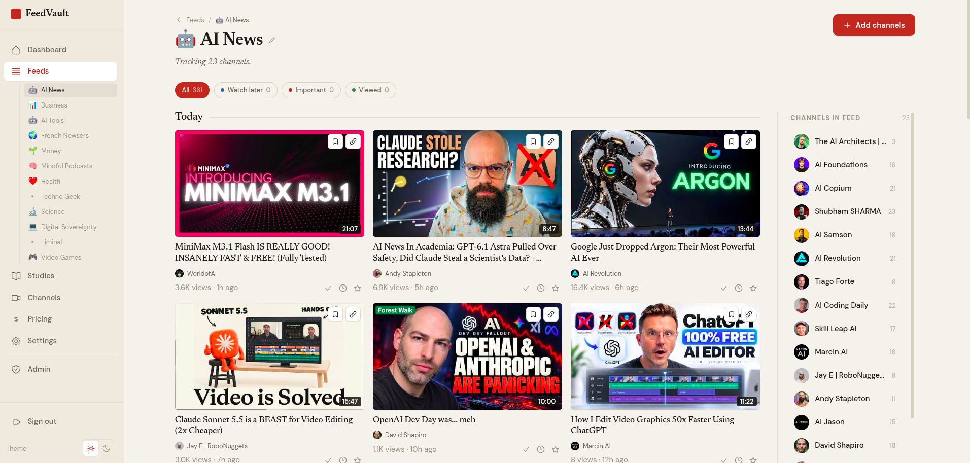Feedvault Feeds screen showing an AI News feed in newest-first video cards with its channel list